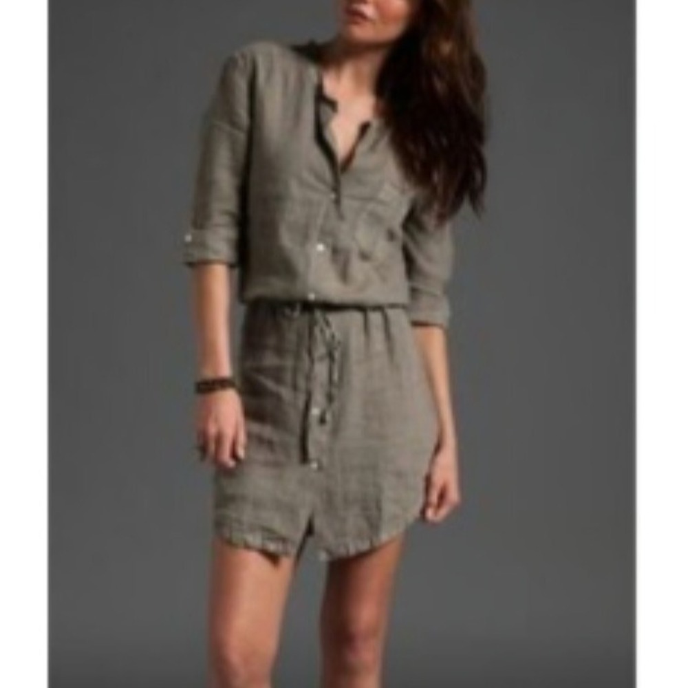 James‎ Perse Standard Shirt Dress Women's Size 2 Green 3/4 Sleeve Linen Beachy
